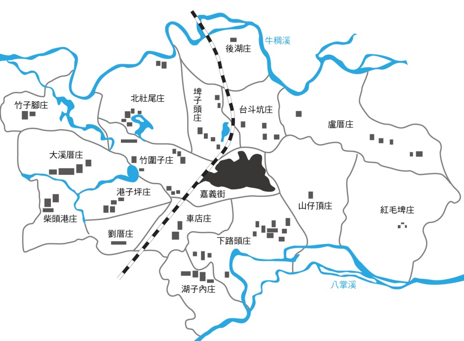 日治初期的嘉義街與各庄。莊旻璇繪。