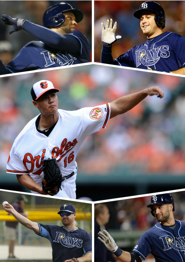 佛賽斯(Logan Forsythe,左下)、隆利(James Loney,左上)、奇爾麥爾(Kevin Kiermaier,右下)及隆戈利亞(Evan Longoria,右上)......,這幾支光芒大砲,殷仔要特別小心。(合成自網路資料)