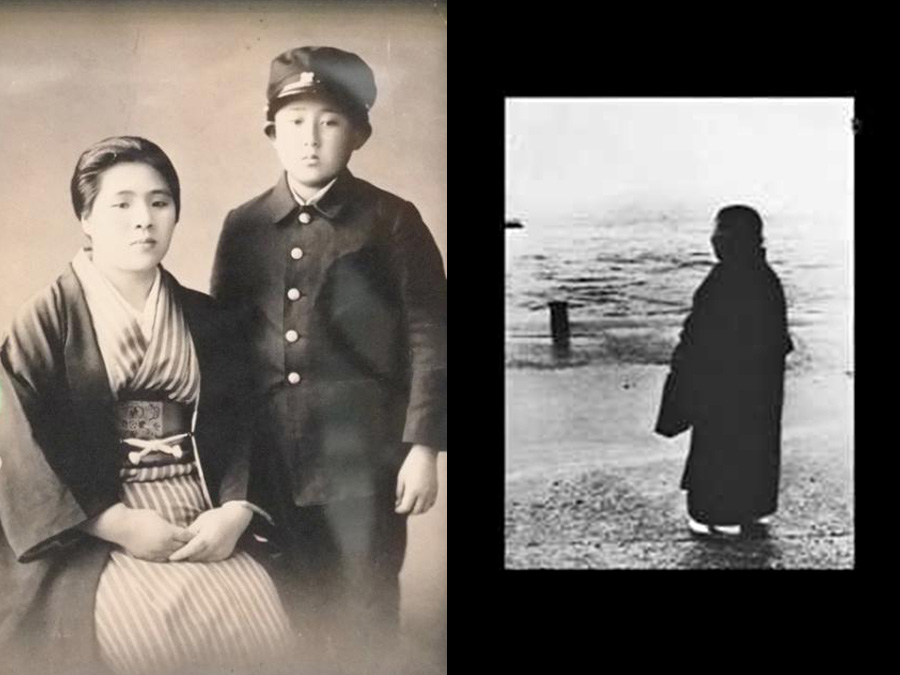 端野新二，與母親端野伊勢兒時合照；而伊勢的故事，經配樂譜曲，即成了家喻戶曉的「岸壁之母」。（圖片：網路資料，民報合成）