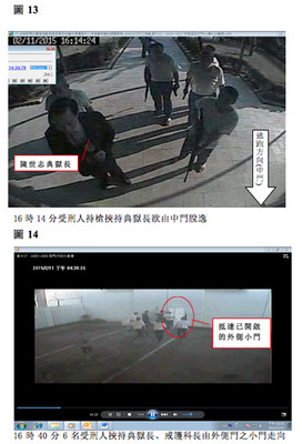 高雄大寮監獄6囚奪槍挾持典獄長事件震驚社會，法務部26日下午3時召開考績會及懲處會議，決定至少20名官員懲處名單，法務部並公布14張監獄內監視器畫面，完整說明6囚劫獄過程。（法務部提供）中央社  104年2月26日