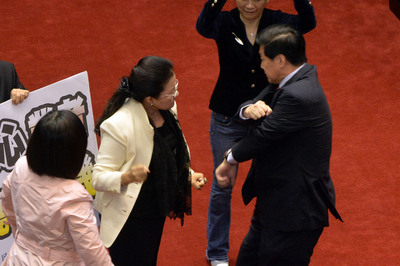 立法院18日下午三讀通過「食品安全衛生管理法」部分條文修正草案，民進黨立委田秋堇（前左2）搶下國民黨政策會代理執行長費鴻泰（前右）手中標語，雙方一度意見不和，發生口角與衝突，不過，今天最後仍在王金平院長王金平宣告通過食管法修正。﹝中央社相片﹞