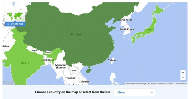 沃爾瑪在英文官方網頁上的地圖中，點選中國時，並沒有包括台灣。（官方網頁截圖）