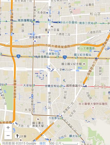 網友把台北市府公布的易淹水資料結合Google Map，製作出「台北好好淹」簡易版模擬地圖，清楚易懂，讓網友熱烈分享，（圖擷取自「柯P新政進度條」粉絲團）