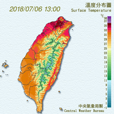 氣象局觀測指出，台北今日下午1點34分出現38.5度高溫，創今年新高。圖／中央氣象局