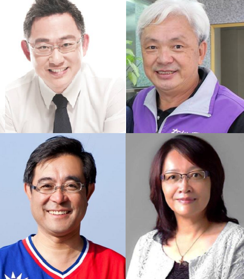 金門縣立委候選人分別為國民黨楊鎮浯 (左上)、民進黨陳滄江 (右上)、新黨吳成典 (左下)、以及軍公教聯盟黨高丹樺 (右下)。（取自各候選人臉書）