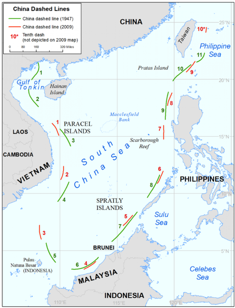 無論南海九段線(紅線)與十一段線(綠線)圖，爭議都很大。(圖片:  U.S. Department of State’s Limits in the Seas No. 143)