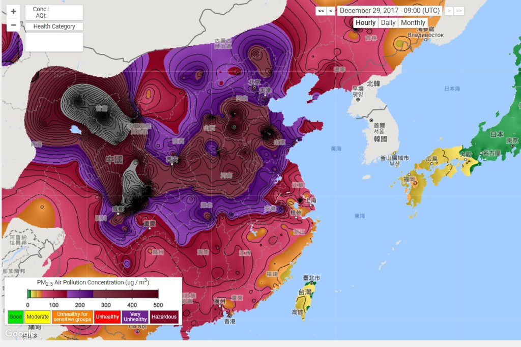 29日中國遭霾害包圍狀況。截圖取自/ berkeleyearth.org