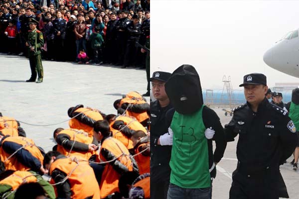 肯亞詐騙案台嫌穿綠色囚衣背心，與平常中國犯嫌橘色背心不同。袁紅冰指是另行製作，目的是要警告民進黨。（擷取自網路，民報合成）20160421