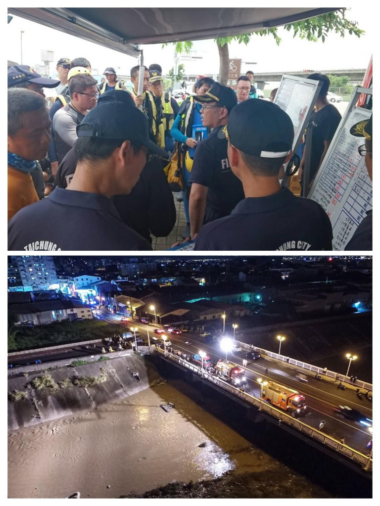 中市太平區坪林橋三國小學生溺水案，警消獲報出動大批人力與器具搜救，但已來不及挽救。今天上下午各在下游尋獲溺水之李姓及陳姓五年級學童，另一名一年級生則尚未發現，由於台中下午又下暴雨，警消已在下午5時暫停搜尋，明日視氣候狀況再決定。（中市消防局提供）