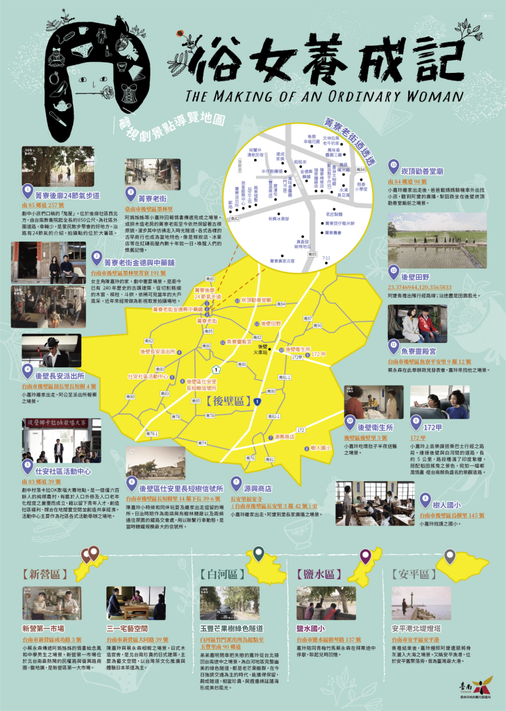 南市府觀旅局與文化局合作製作「俗女養成記景點導覽地圖」，讓遊客輕鬆跟著走入劇中的經典景點，一起來追劇中主角陳嘉玲在臺南的養成足跡。