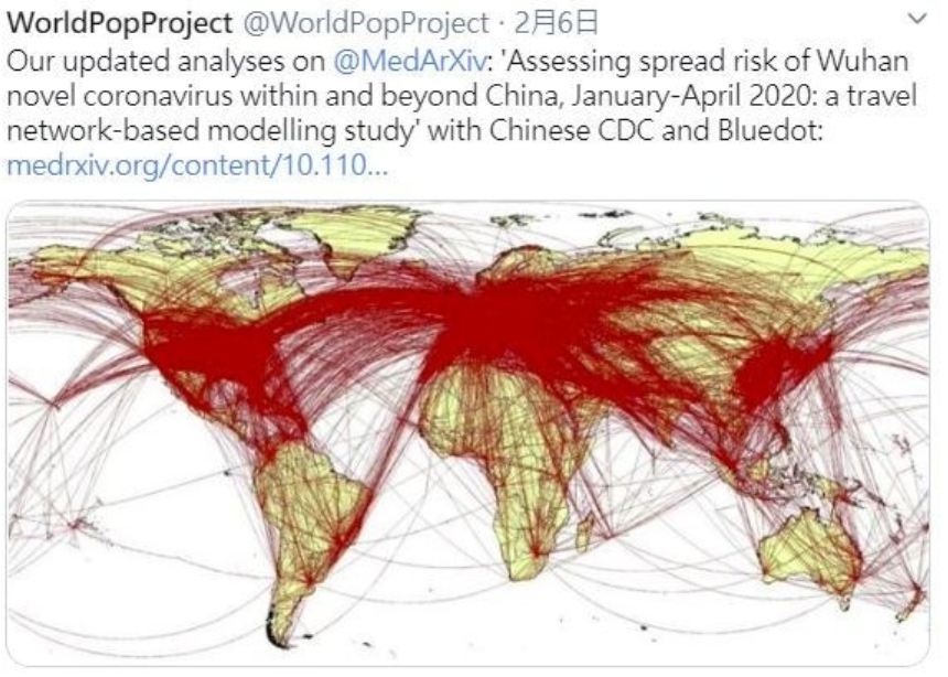 英模擬武漢人封城前逃亡路線，6萬人足跡遍及全球382城市，台北也在逃亡名單之內。圖/擷取自推特