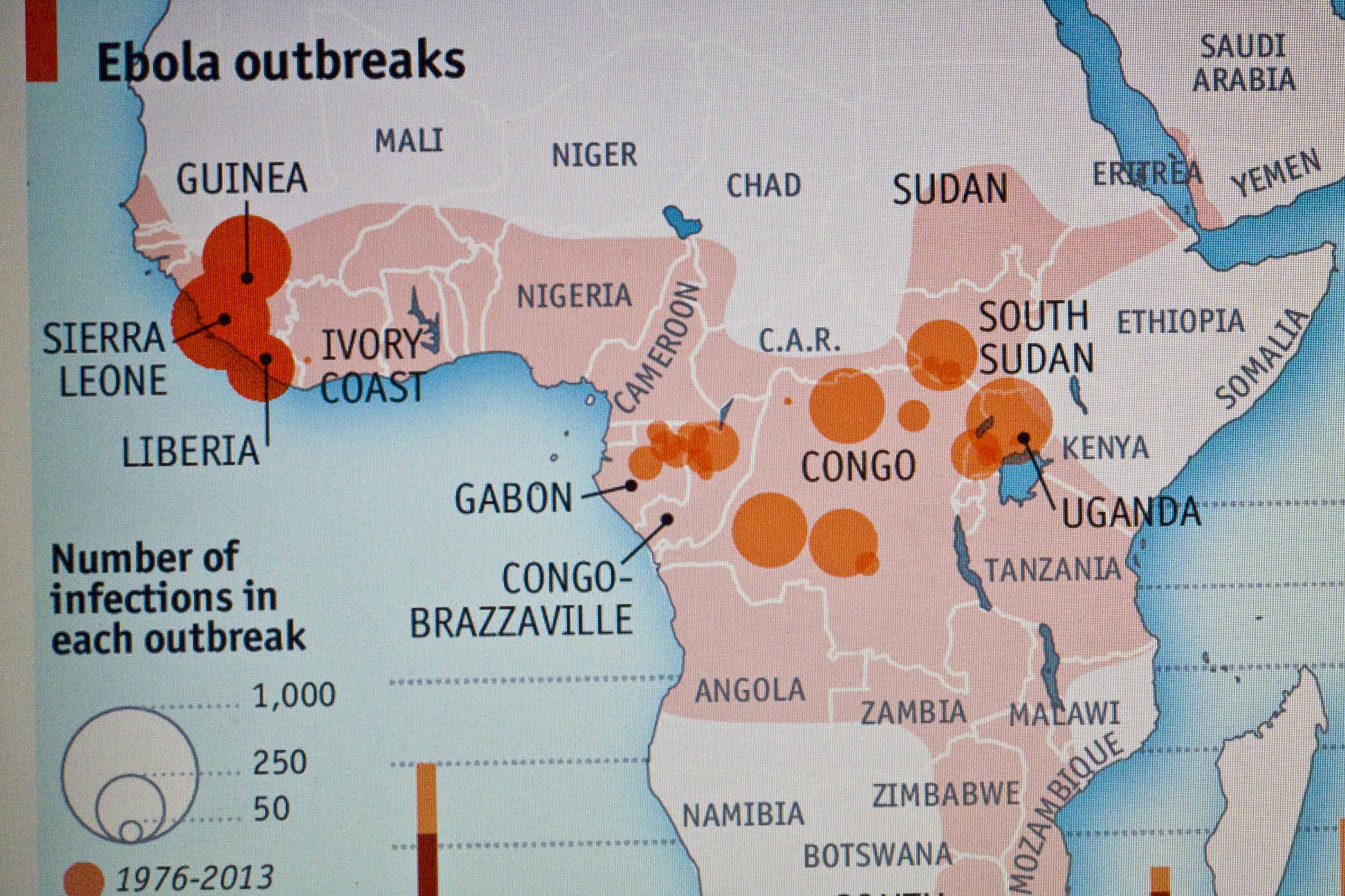 非洲伊波拉病毒歷史分佈圖（網路圖片翻攝）