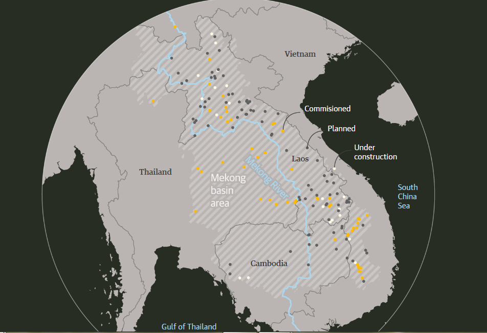 湄公河流域已建造或計畫中的近百座水力發電大壩。截圖取自/The Guardian