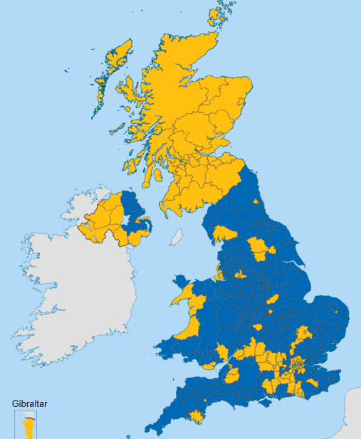 2016英國脫歐公投投票地圖。深色表多數贊成脫歐，黃色表多數贊成留歐。其中蘇格蘭和北愛爾蘭明顯可見傾向留歐，英格蘭傾向脫歐。 圖／Wiki, Mirrorme22, Nilfanion, TUBS, Sting, 20161002