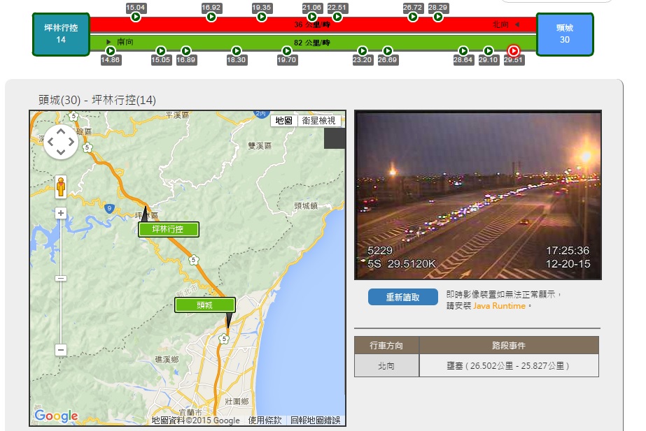 高公局今起試辦主線設紅綠燈並開放大客車行駛路肩，不少用路人痛罵車速根本沒變快。（翻攝自高公局即時路況資訊網站）20151220