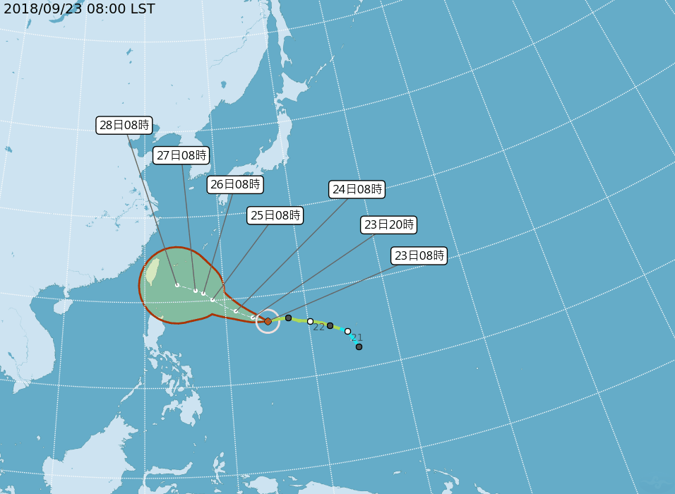 潭美颱風未來接近台灣時由於導引氣流減弱，會讓颱風飄移，而飄移地點不一定，所以誤差範圍（紅圈）很大，甚至覆蓋及台灣。圖／中央氣象局