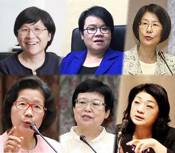 張善政內閣的行政院44位閣員只有6位女性，比例只有百分之13。(上排左起：馮燕政務委員、蔡玉玲蒙藏委員會主委、羅瑩雪法務部長、下排：石素梅主計長、馮明珠故宮院長、王儷玲金管會主委。網路資料照片，本報合成)