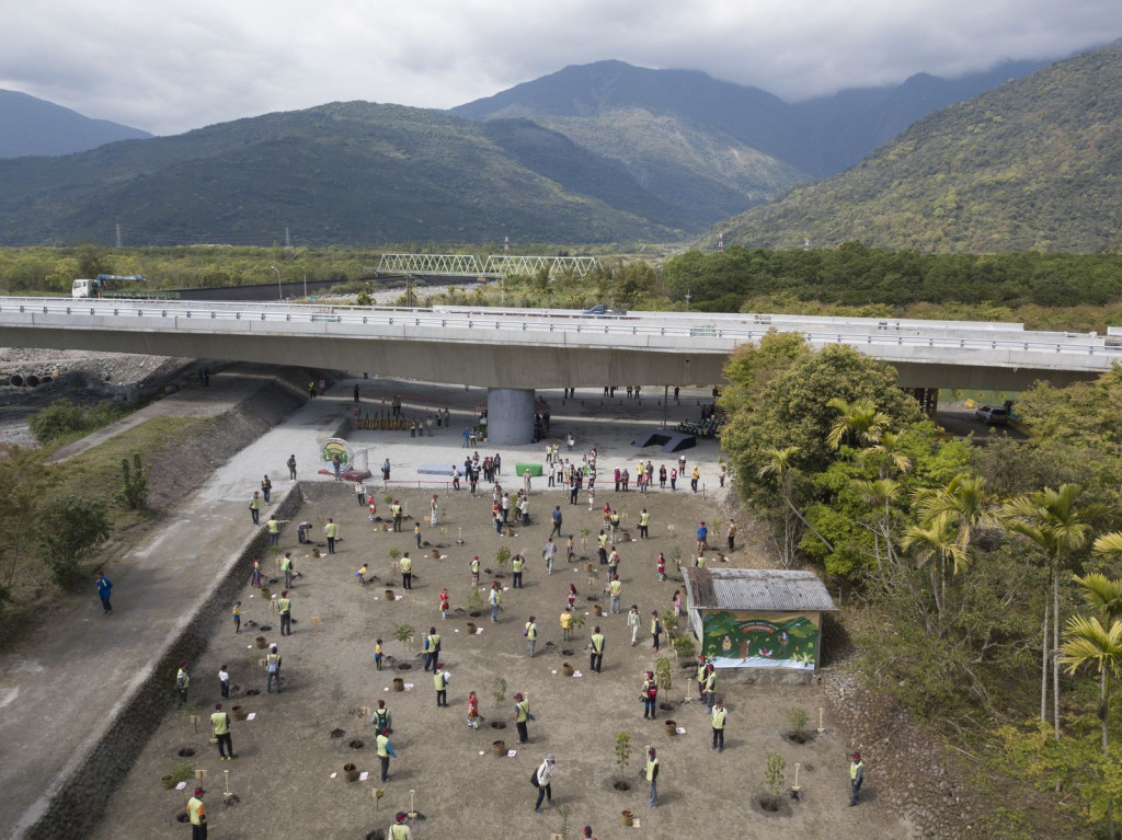 中樞植樹活動，在台九線新建中的新大富橋下，種植當地阿美族民族、原生及蜜源等植物，建構連通海岸和中央山脈的生態廊道。圖／林務局提供