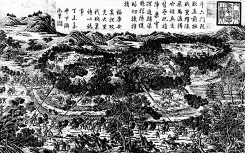 《平定臺灣戰圖（四）攻克大里杙賊巢》此圖約1788年，圖像中可見竹塹防禦。圖／作者提供