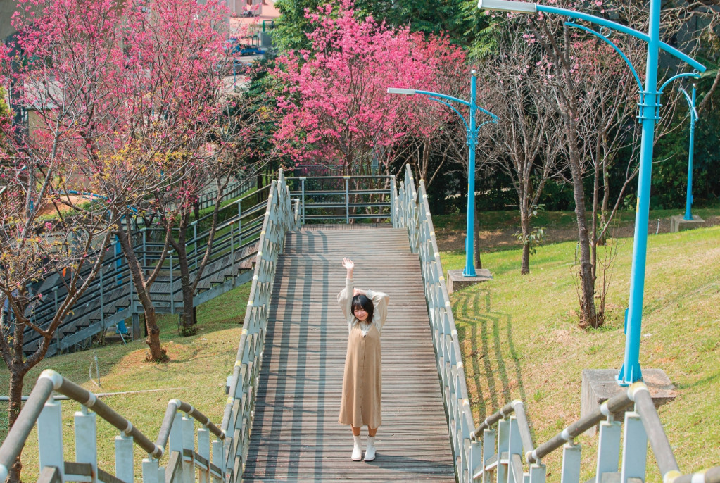 位處中山路與六福路交叉口處的「營盤生態環保公園」，是一處沿著高鐵軌道開闢的都市公園。營盤生態環保公園綠意盎然，春天更能在此欣賞櫻花盛開景致。圖／翁睿坤、周永受