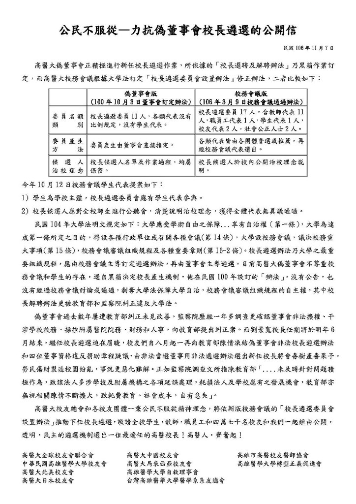 高醫大校友總會連同海內外各校友團體秉持公民不服從精神理念，發表「力抗偽董事會校長遴選的公開信」。