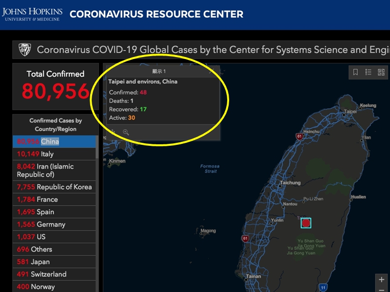 美國約翰霍普金斯大學設立全球即時疫情地圖，但將台灣納入中國疫區，把「台灣」名稱改成「中國台北及周邊地區」。圖／擷自JHU全球武漢肺炎疫情圖網站