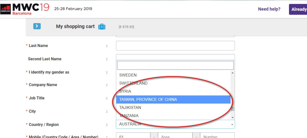 世界行動通訊大會(MWC）報名網站將台灣矮化為中國一省。圖／擷自MWC官網