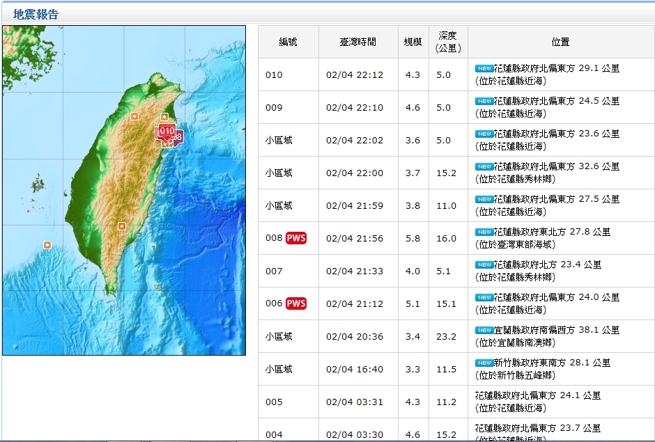 消防局資料顯示，花蓮下午三點多起到晚間，密集發生有感地震。王志偉翻攝