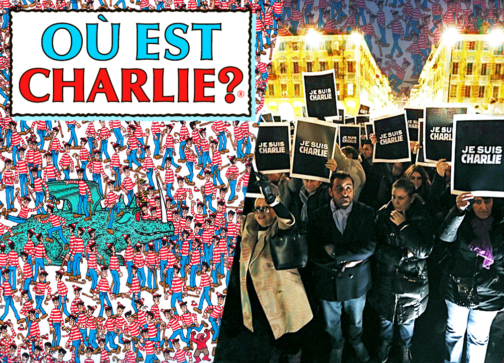 成千上萬個法國人民們走上了街頭，拿著布條上面寫著「Je suis Charlie 我是查理」。除了使用「查理周刊」的名子之外，還有「查理在哪裡」的童書，但這一次不是要在人山人海的地方大海撈針的去找查理，而是他們每一個人全部都是查理。（網路資料翻攝，民報合成）