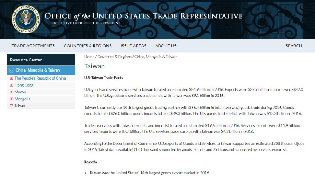 美國國務院領務局網站及貿易代表署（USTR）介紹台灣的頁面，原有的「中華民國」國旗圖案，近來消失不見。圖／美國貿易代表署官網