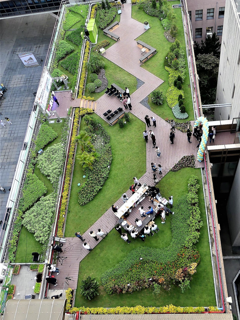 高醫大樂學園綠屋頂除了綠化大樓建築樓頂平台，同時結合了藥草植物與食用植栽，所以也是高醫大「藥食園區」。(圖/高醫大)