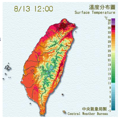 受太平洋高壓影響，今（13）日中午，全台各地紅通通，平均溫度達36度以上。圖／取自中央氣象局