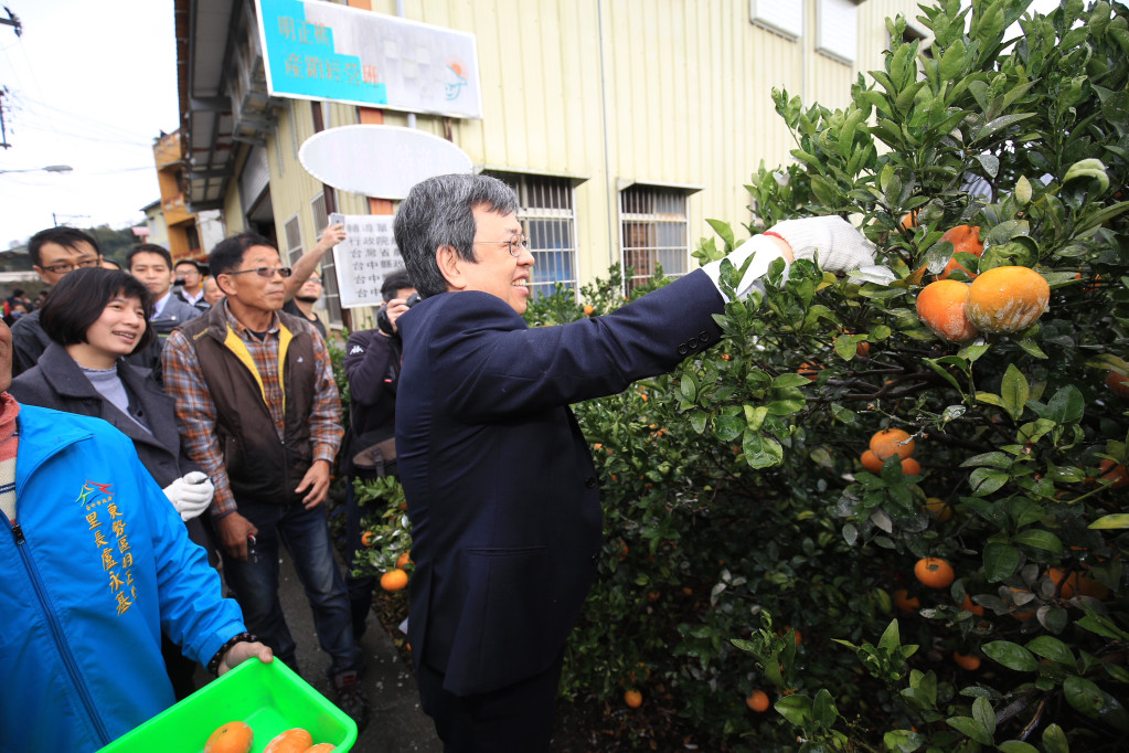 全台唯一的「青年加農  賢拜傳承」計劃已實施三年，留農率九成以上，證明成功，陳建仁勉勵之餘，希望為台灣農業帶來示範。（圖／台中市新聞局）