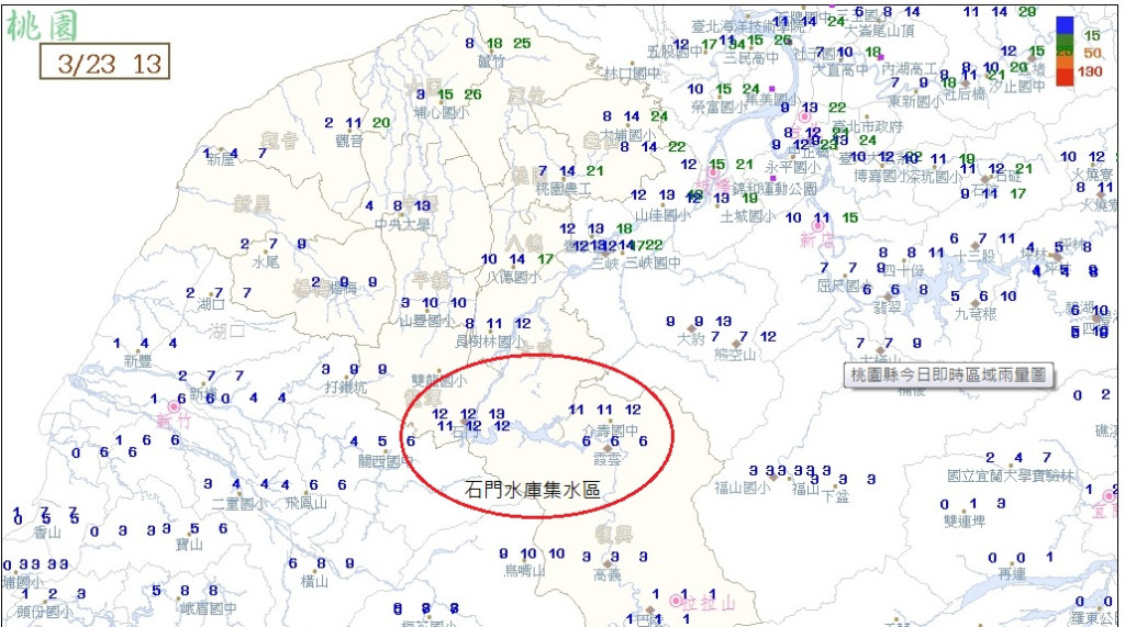 週一這場降雨並未替石門水庫帶來水量，圖示紅框處石門水庫集水區只有零星降雨。（翻攝自氣象局網站，民報合成）20150323