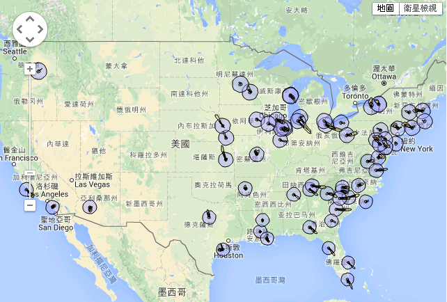 美國99座核能反應爐，主要分布概況圖（截圖取自：Google）	