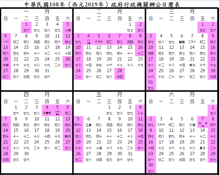 行政機關2019年辦公日曆表出爐，明年總放假數115日，其中3日以上之連續假期總共有6個，包括春節、228、兒童節及清明節、端午節、中秋節、雙十節等。圖／截自行政院人事行政總處網站