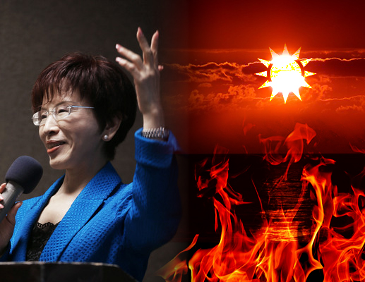 洪秀柱的政治大動作，不期然聯想到一首五十年代電影老歌「熱烘烘的太陽往上爬」。歌詞溫馨，也與政治無涉。但老一輩的人，眼見她敲鑼打鼓沿街叫賣急統的政治膏藥，才恍然大悟國民黨剛升起的這顆新太陽，豈止是熱烘烘的，更且是「熱紅紅」的。(中央社資料照，民報合成）