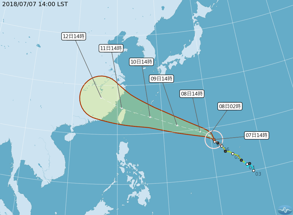 氣象局表示，由於太平洋高壓持續增強，颱風不排除登陸台灣，有機會發布海上、陸上颱風警報。圖／中央氣象局