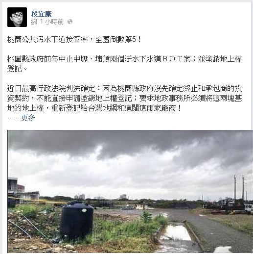 民進黨籍立委段宜康今天（29日）在臉書po文指出，年底即將升格為直轄市的桃園縣，公共污水下道接管率只有5.31%，全國倒數第5，是桃園之恥。