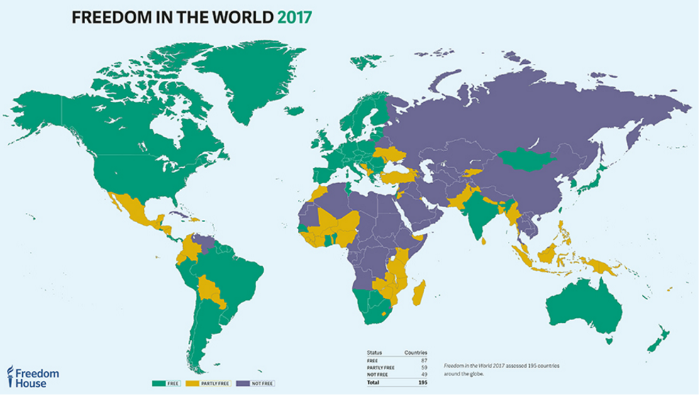 圖片中的綠色代表自由國家、黃色表部份自由、藍色表不自由。截圖取自/Freedom House