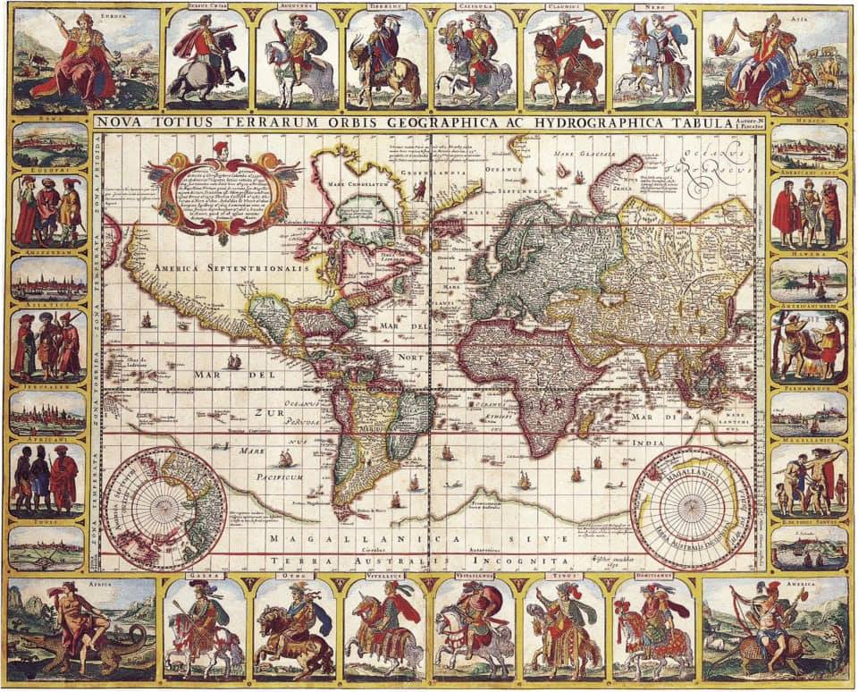 「Nova Totius Terrarum Orbis Geographica ac Hydrographica Tabula」是地圖學家Hendrik Hondius於1630年構畫的世界地圖，次年在阿姆斯特丹出版地圖集Atlantis Maioris裡面的附錄地圖。插圖包括火，空氣，水和土地四大要素。圖／陳順勝提供