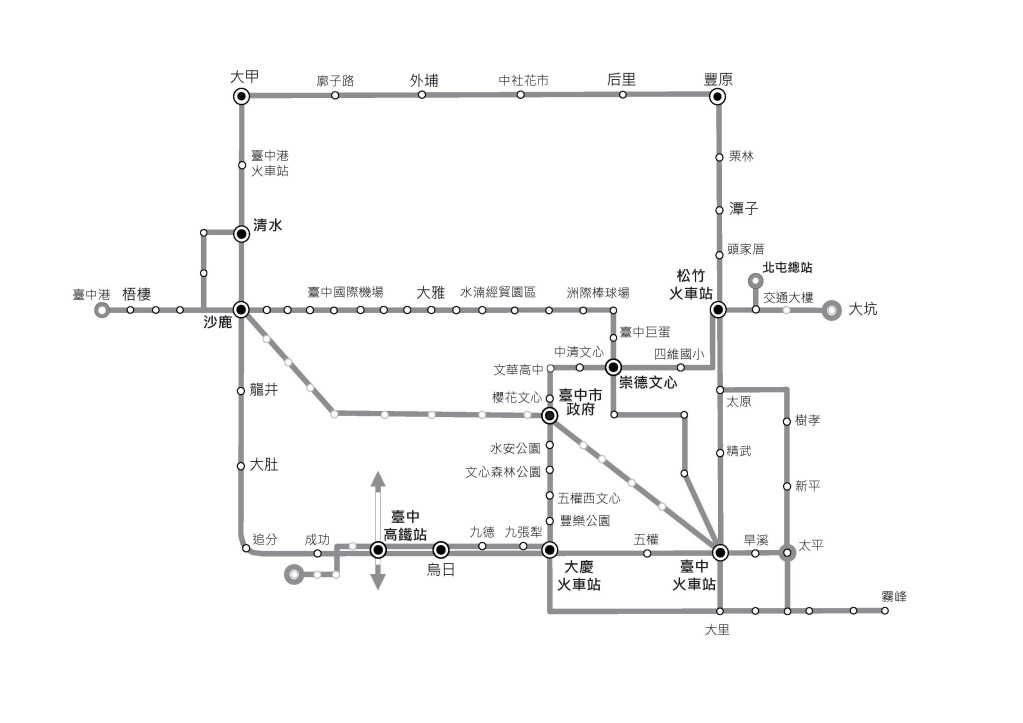 台中市鐵道完整路網，包括高架鐵路丶捷運綠丶藍線及輕軌。圖／台中市交通局