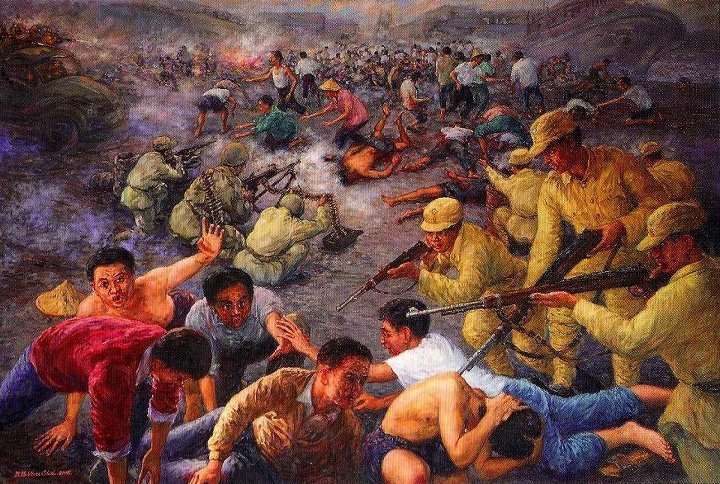 二二八是慘烈的人權迫害，國民黨對台灣人大量殺戮、囚禁和劫財。由於災難深重，許多人至今仍未走出陰影。(圖為施並錫228畫作，取自網路)