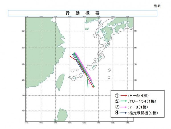 日本統合幕僚監部公布，8架中國軍機昨天飛越台灣和日本間的宮古海峽，並未侵犯日本領空，日本戰機緊急起飛因應。圖／翻攝日本防衛省