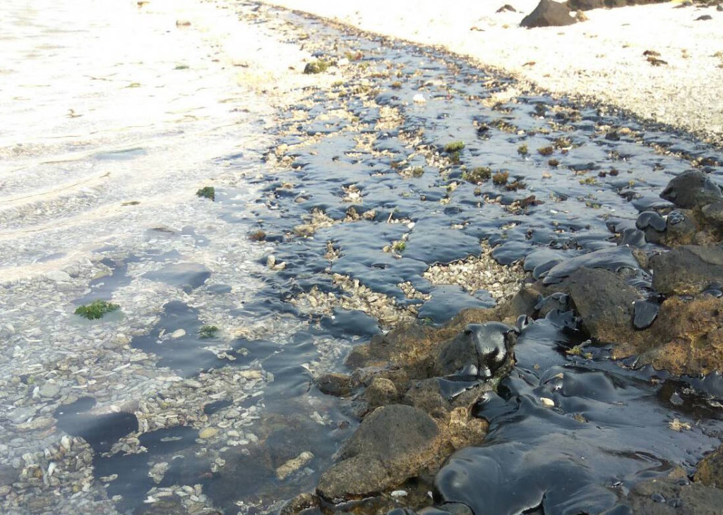 綠島北面的海岸線遭到重油汙染，不只在沙灘上，連海底都有宛如蟒蛇一般的黑色油污，範圍長達十公里，景象怵目驚心。圖／翻攝自俞明宏臉書