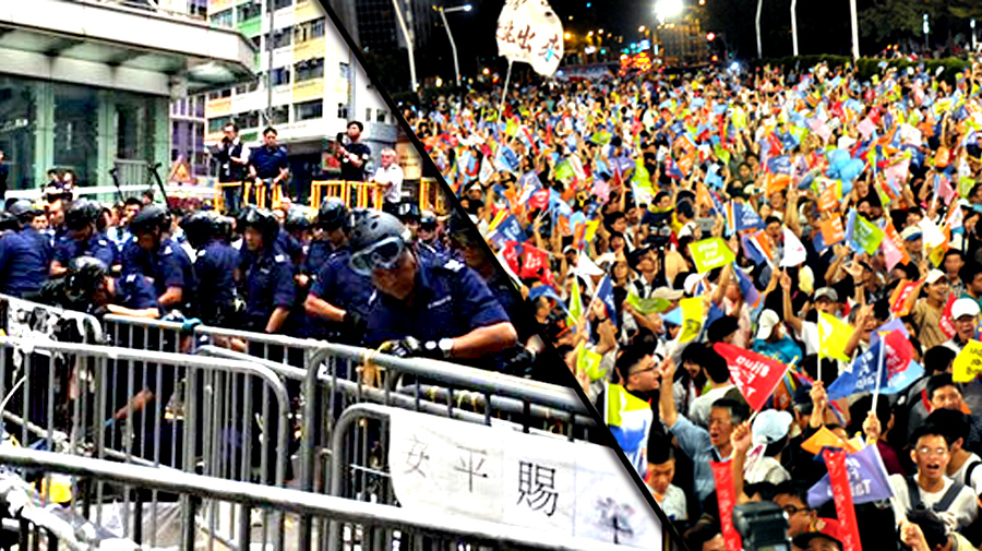 中國「國安法」通過對香港民主將造成嚴重衝擊。圖為香港去年11月25日就開始雨傘革命的清場。（翻攝自香港理工大學罷課委員會專頁、中央社資料照，民報合成）