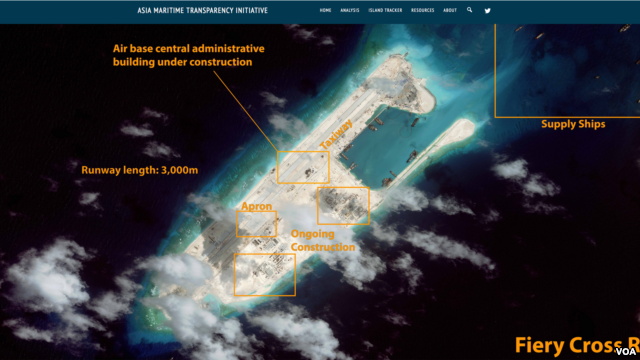 衛星圖片顯示在南中國海爭議島嶼上飛機跑道建設接近完成（圖片來源：取材自CSIS網頁）