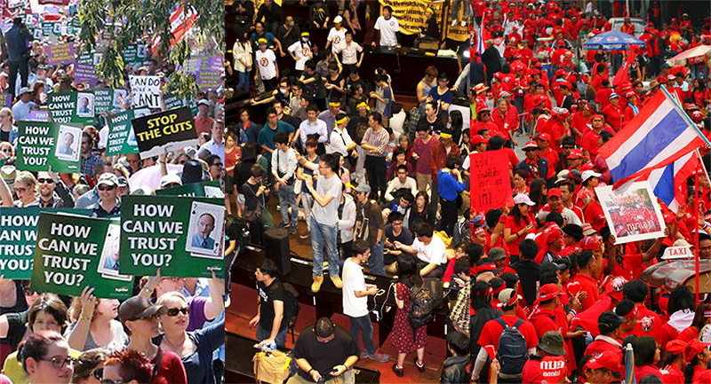 澳洲民眾上街抗議/臺灣太陽花學運攻佔議會/泰國紅衫軍