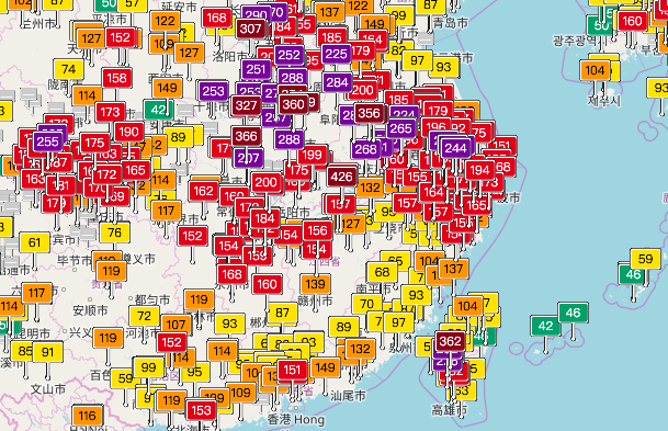 台灣今明兩天將受到東北季風影響，來自中國東北的境外污染物將陸續影響台灣的空氣品質，環保署呼籲民眾做好防範措施。圖／擷取自亞洲空氣污染：實時空氣質量指數地圖