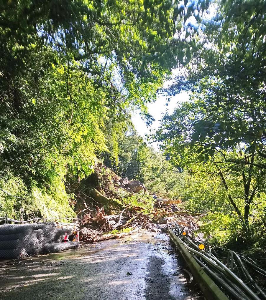 梨山台7線武陵路因雨落石塌方，交通受阻，公路總局將於落石穩定後搶修。（台中市新聞局）